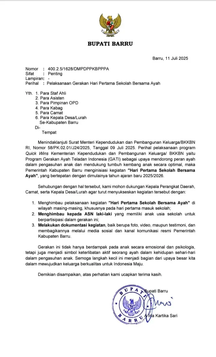 Pemkab Barru Dorong Keterlibatan Ayah dalam Pengasuhan Melalui Gerakan “Hari Pertama Sekolah Bersama Ayah”