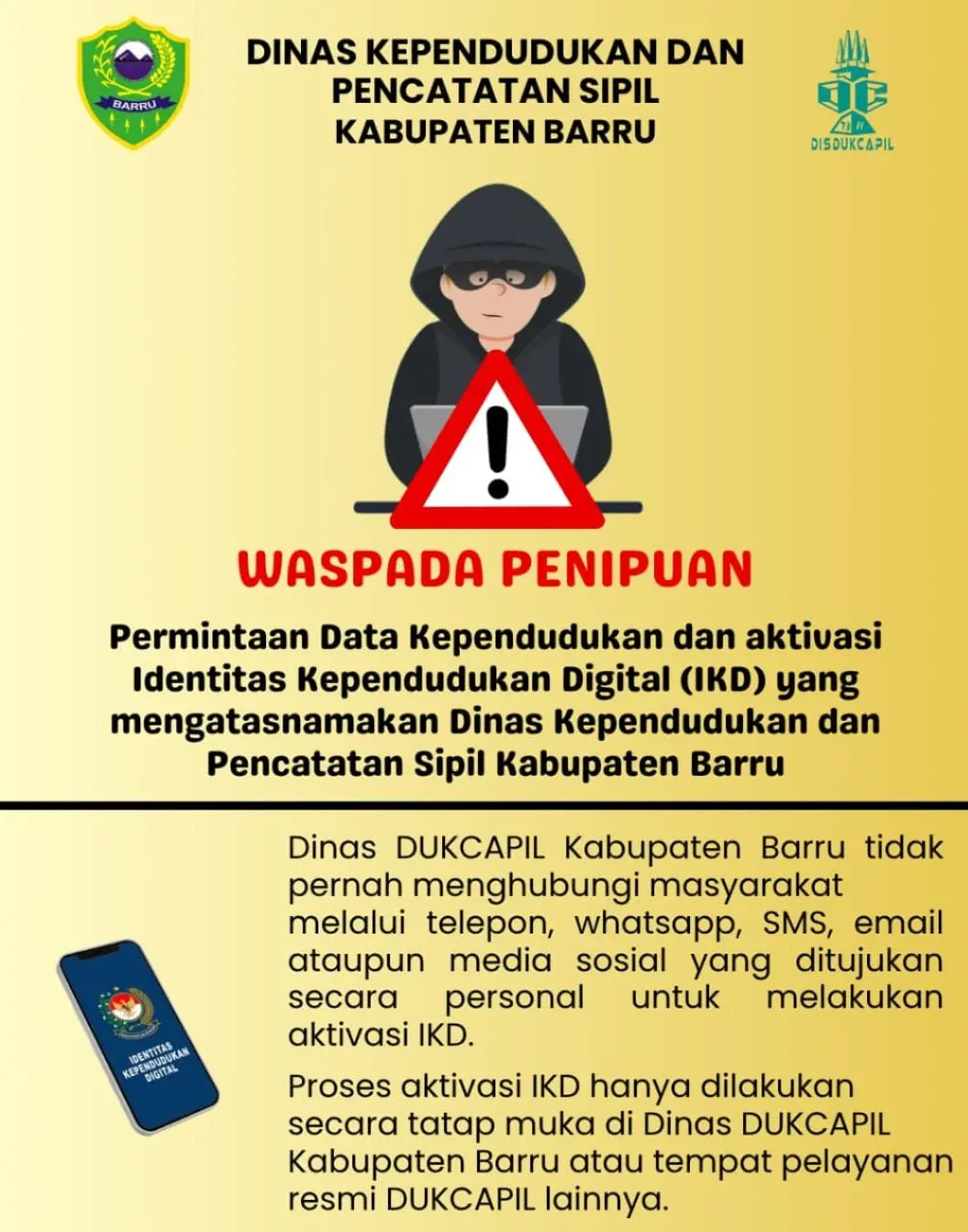 Dukcapil Barru Imbau Warga Waspadai Penipuan Bermodus Aktivasi IKD