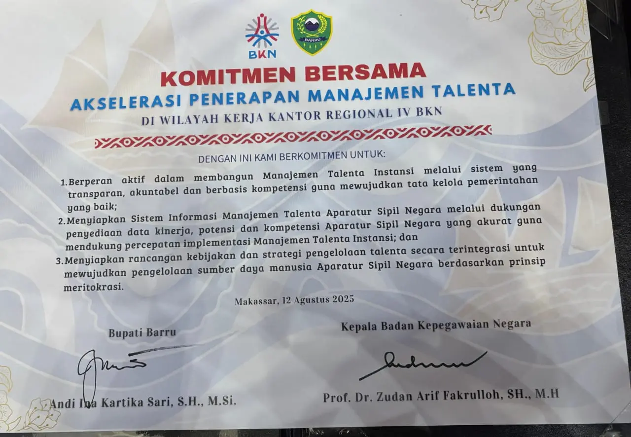 Bupati Barru Tandatangani Komitmen Manajamen Talenta ASN, Wujudkan ASN Berkompetensi dan Akuntabel